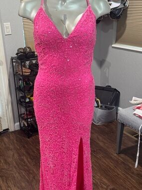Hot Pink Beaded V-Neck Evening Gown